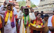 State Agriculture Minister Niranjan Reddy presented silk clothes to Goddess Jogulamba